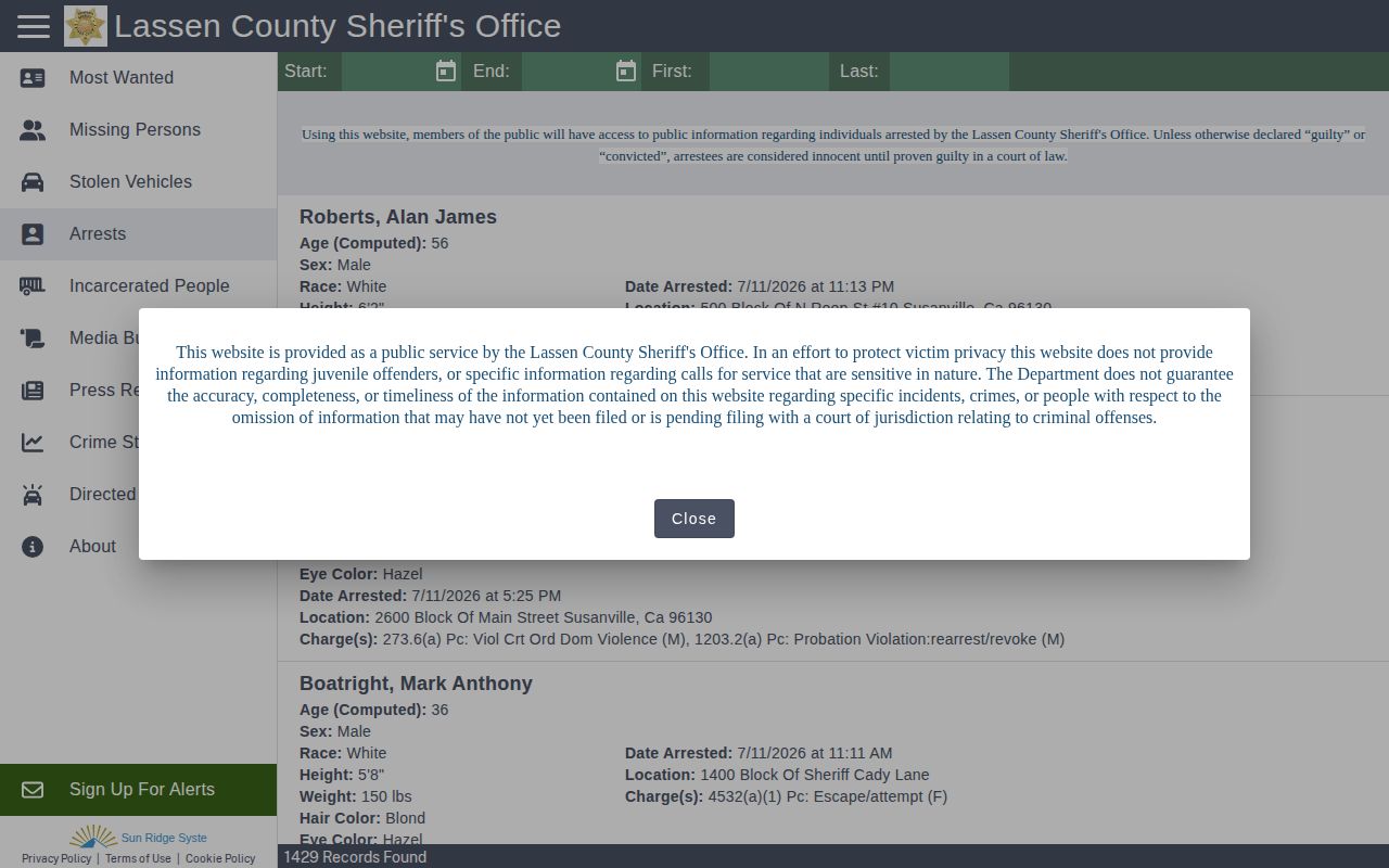Lassen County 72 hour release arrest log fallback