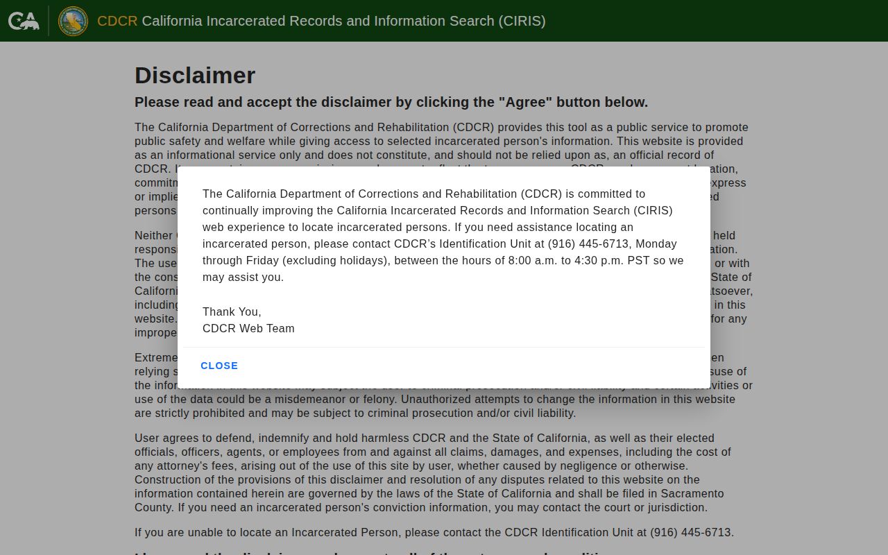 Lassen County released inmates CDCR CIRIS search page