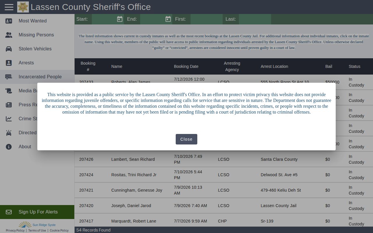 Lassen County released inmates CitizenRIMS current custody and recent bookings page