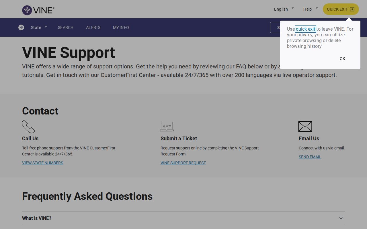 VINELink support page for Lassen County release notification PIN confirmation